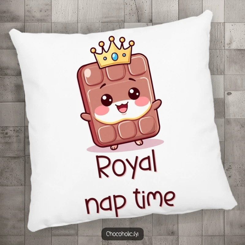 Funny Pillow: A proud kawaii chocolate bar character wears a tiny crown. A cute and humorous accent pillow for any regal resting spot.