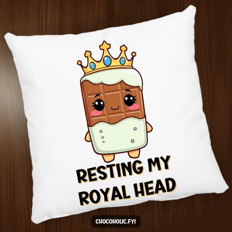 Funny pillow showcasing a chocolate bar character wearing a crown, looking regal, offering comfort and sweet nobility.