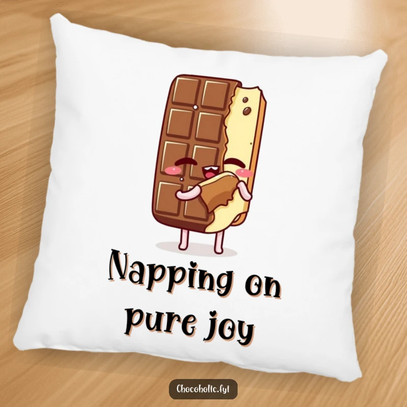 Funny Pillow: Kawaii chocolate bar character savoring a bite of itself, eyes closed, providing a soft, humorous, and blissful decorative accent.