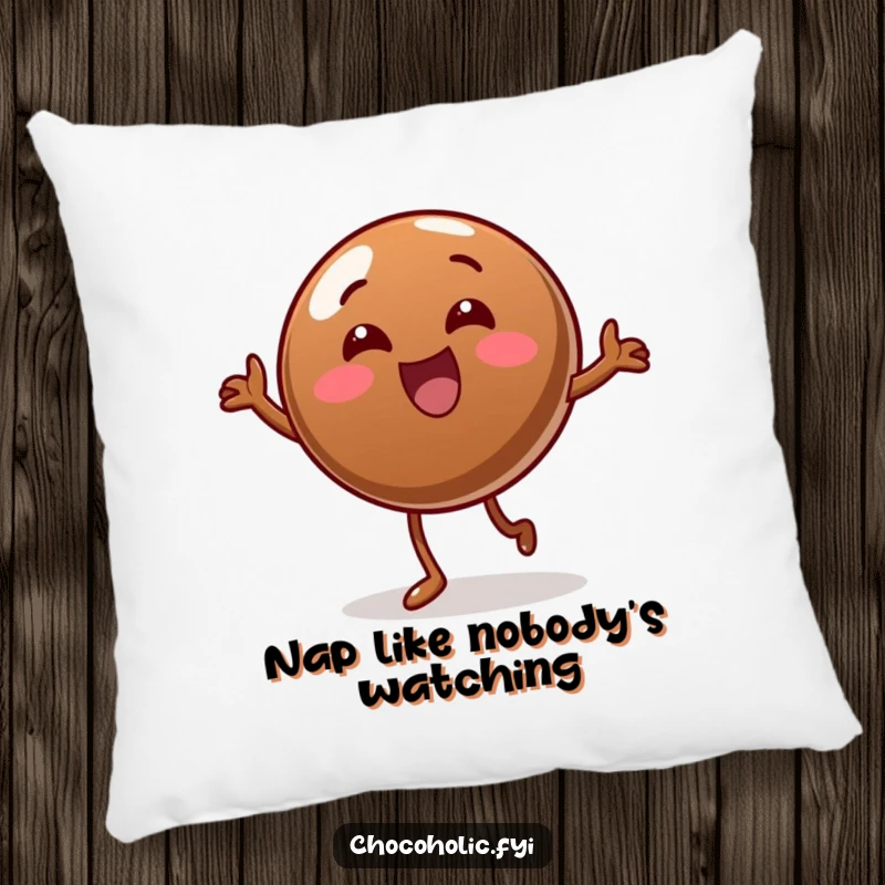 Funny Pillow: A round chocolate candy is depicted in a hilariously silly wobble dance pose, offering comfort and laughter.