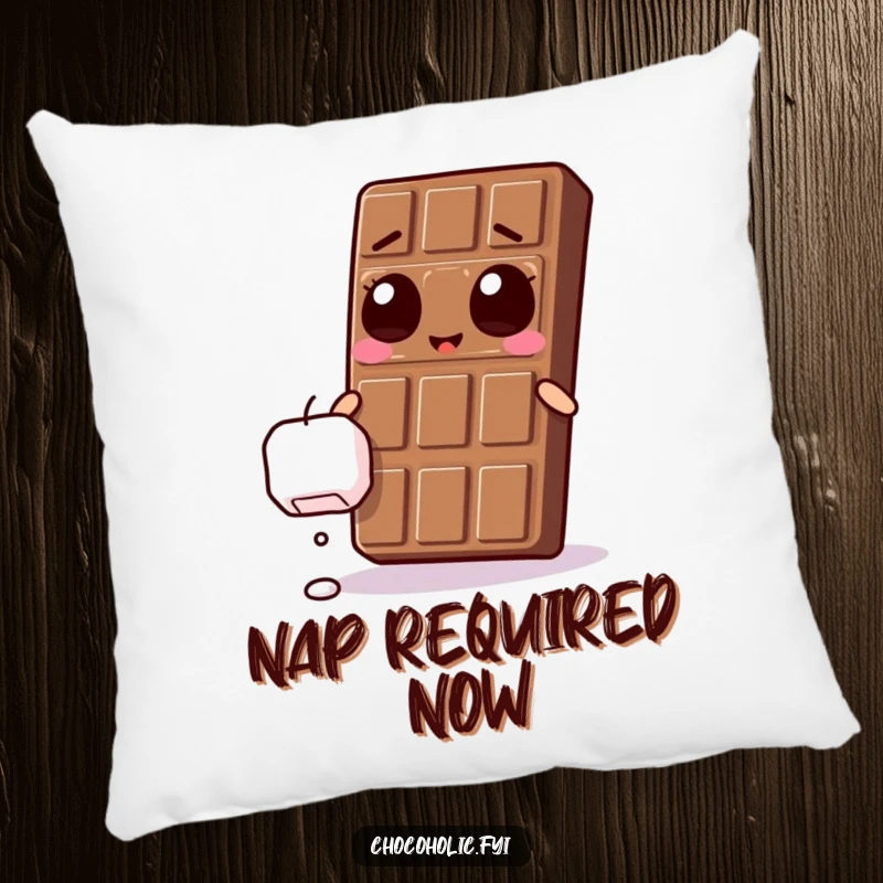 Funny Kawaii chocolate bar with ecstatic eyes, reaching for a falling marshmallow on a soft, cuddly pillow.