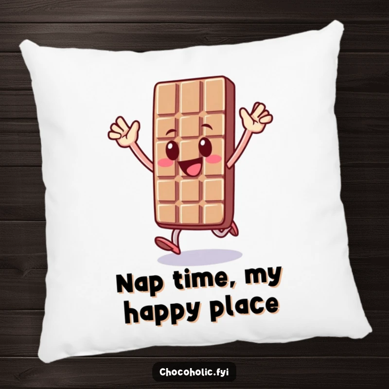 Funny pillow showcasing a chocolate bar character in a dynamic, happy hop pose, its arms reaching for the sky in a burst of pure joy.