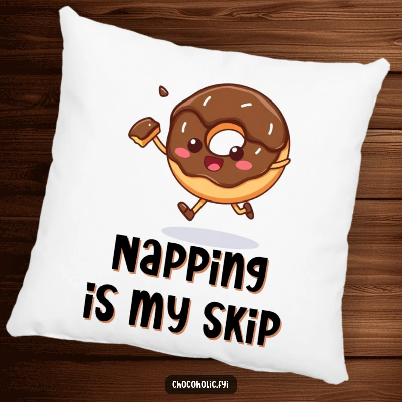 Funny Pillow: A chocolate donut happily skips with a bite taken out, offering a cozy and cheerful decorative touch.