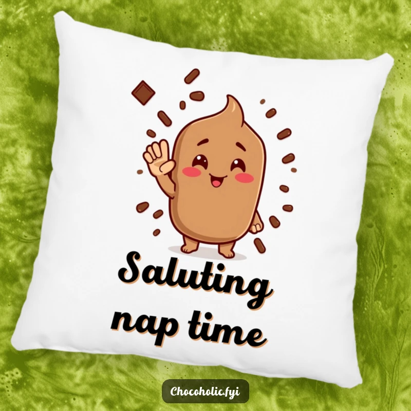 Funny cocoa powder pillow with a character giving a silly salute, offering comfort and humorous charm.