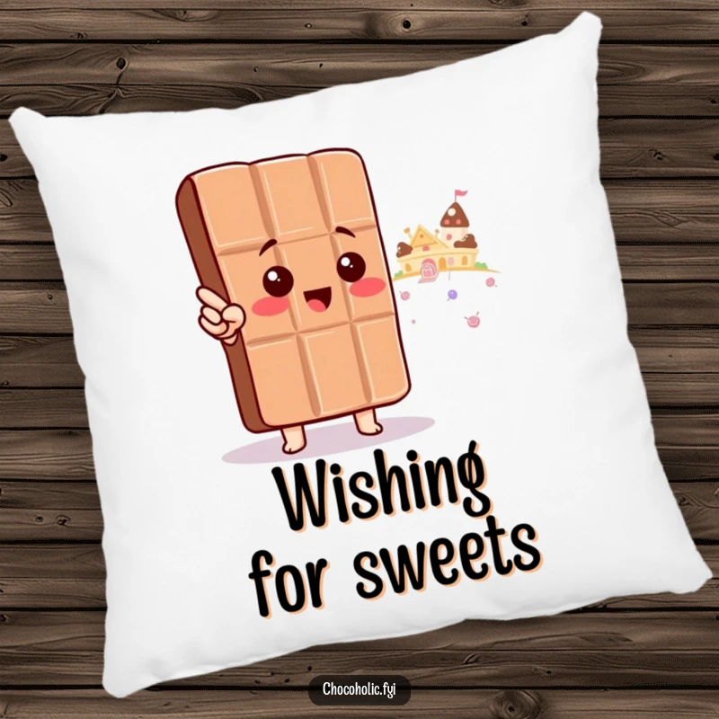 Funny Pillow: Cute kawaii chocolate bar character points towards candy land, offering sweet comfort and inspiring dreams.