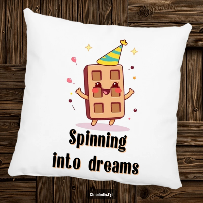 Funny chocolate bar character wearing a party hat, spinning around gleefully on a soft pillow, adding comfort.