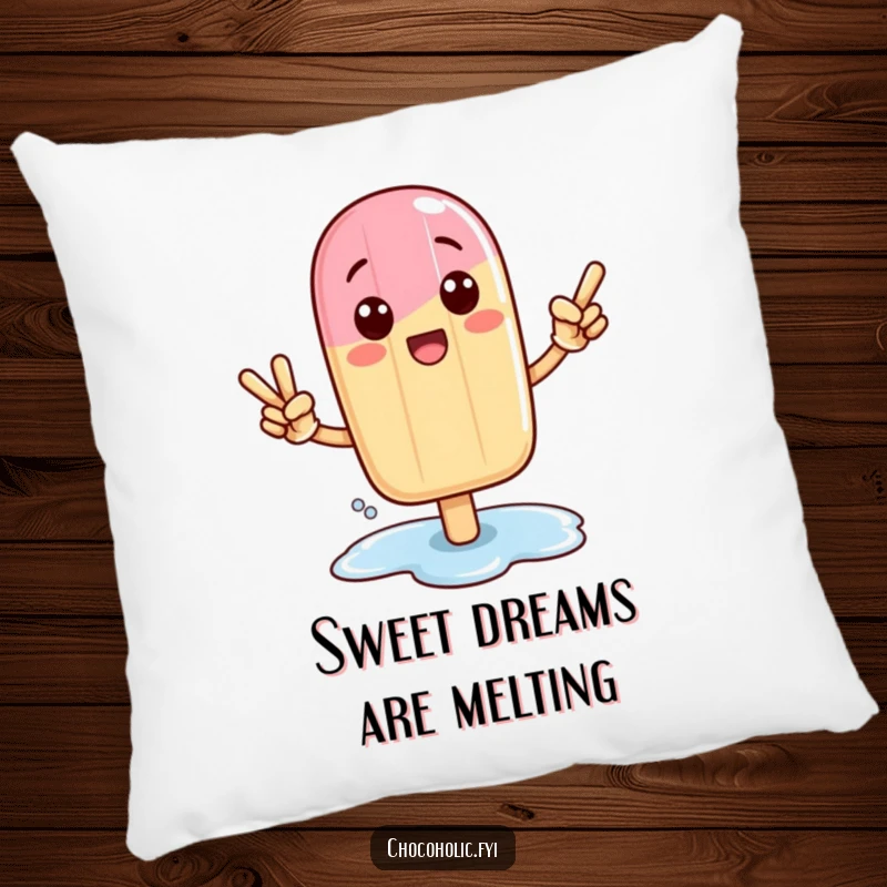 Funny Kawaii popsicle character in a victory pose with a melting puddle, designed as a pillow.