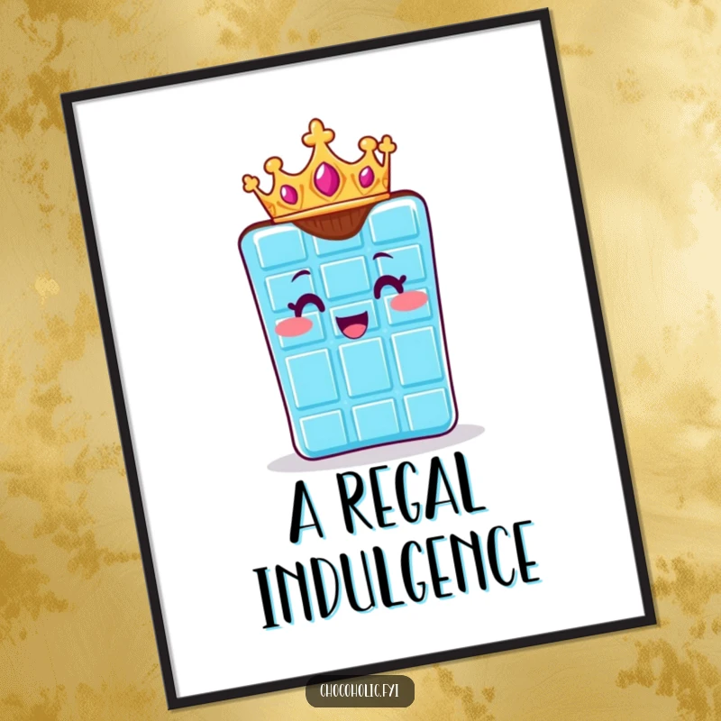 Funny digital art print of a chocolate bar character wearing a small crown, exuding regal delight. Sophisticated humor.