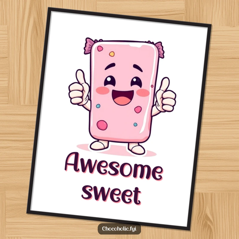 Funny Kawaii candy bar character giving enthusiastically two thumbs up, a humorous digital art print.