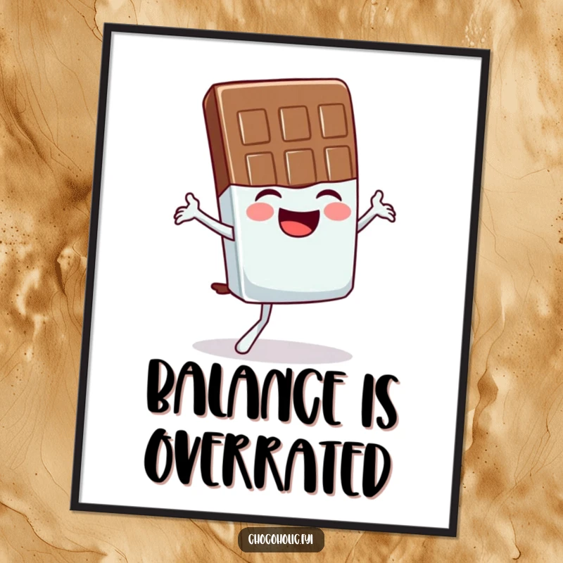 Funny digital art print of a chocolate bar character giggling while attempting a very wobbly yoga balance pose, ready for download.
