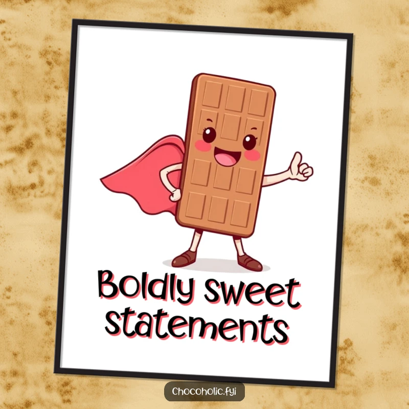 Funny digital art print of a cheerful chocolate bar character in a heroic pose, cape flowing, ready to inspire.