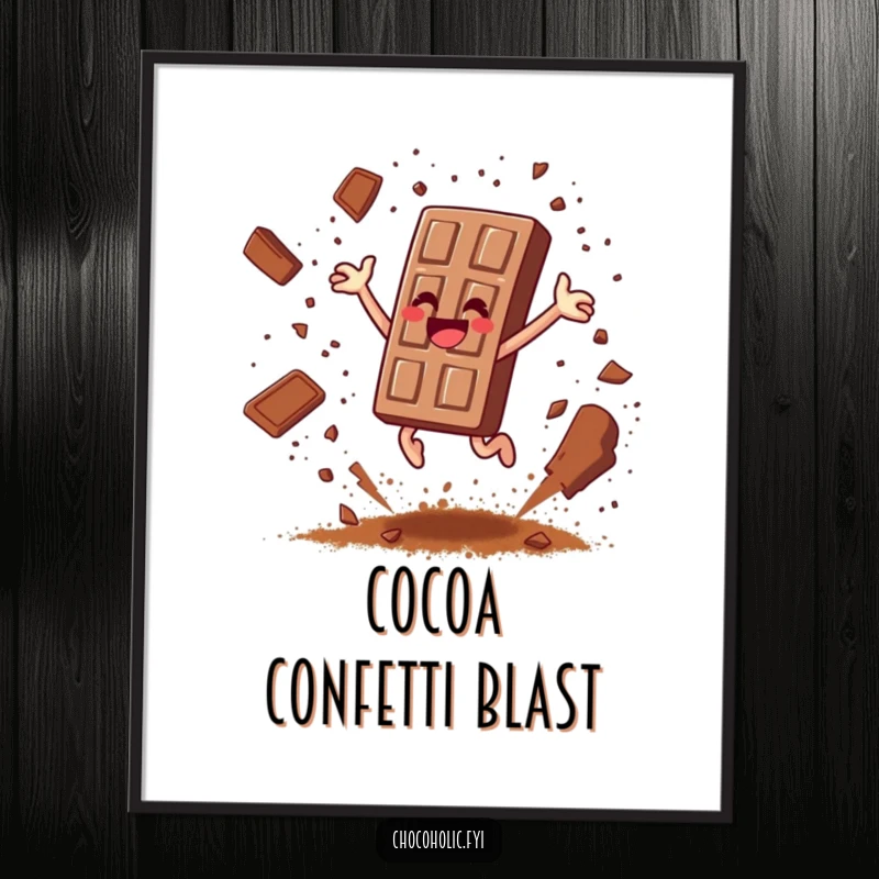 Funny chocolate bar character leaping joyfully, scattering cocoa powder like confetti, a delightful digital art print.