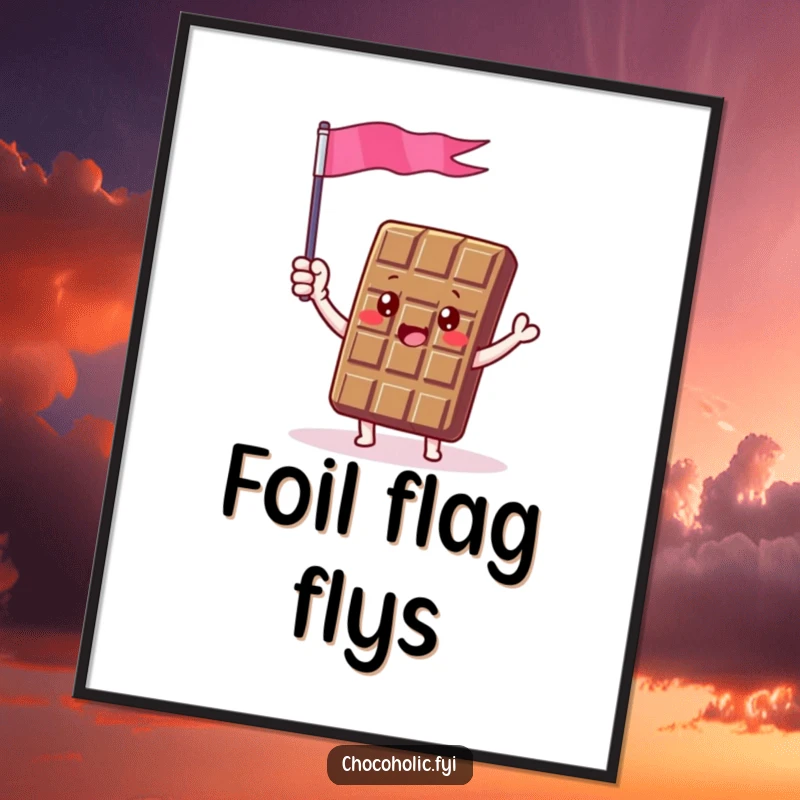 Funny digital art print of a chocolate bar character enthusiastically waving a tiny flag made of chocolate foil, embodying pure celebration.