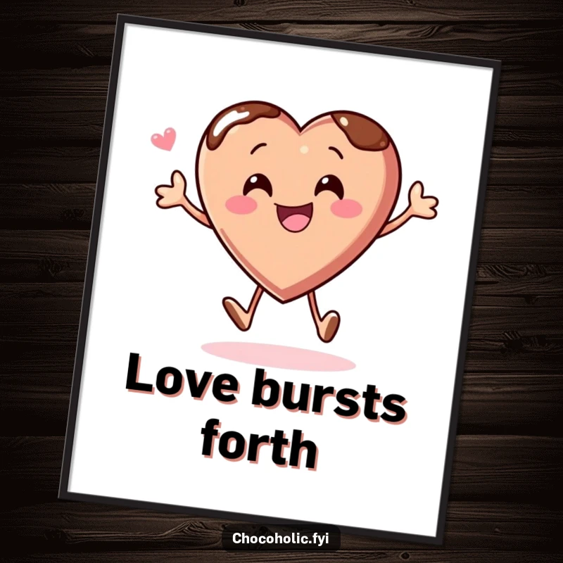 Funny digital art print of a chocolate heart character joyfully bouncing with glee, perfect for happy decor.
