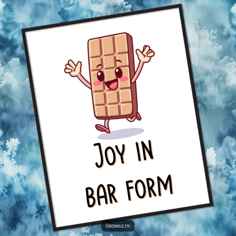 Funny digital art print of a chocolate bar character mid-hop, arms reaching skyward in an iconic display of pure, sugary euphoria.