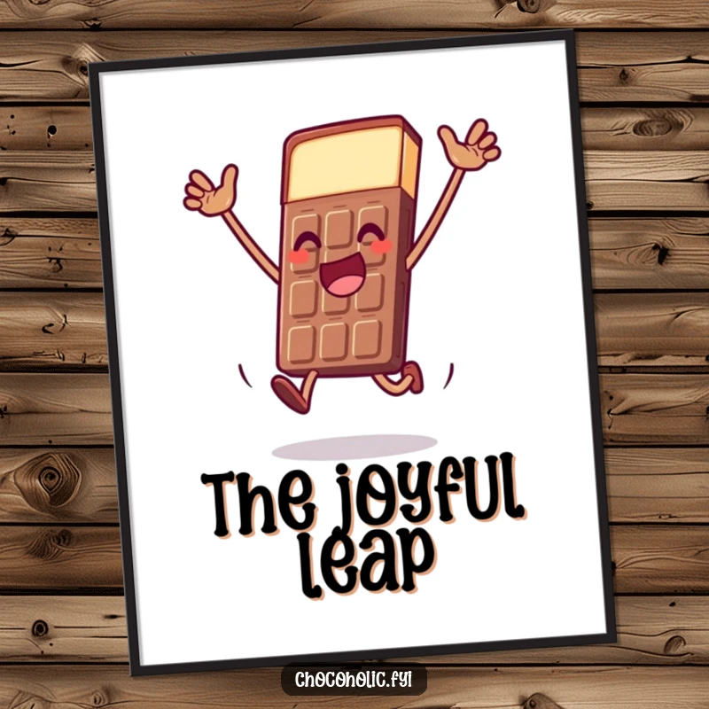 Funny chocolate bar digital art print of a character doing a dramatic, joyful leap, perfect for dynamic decor.