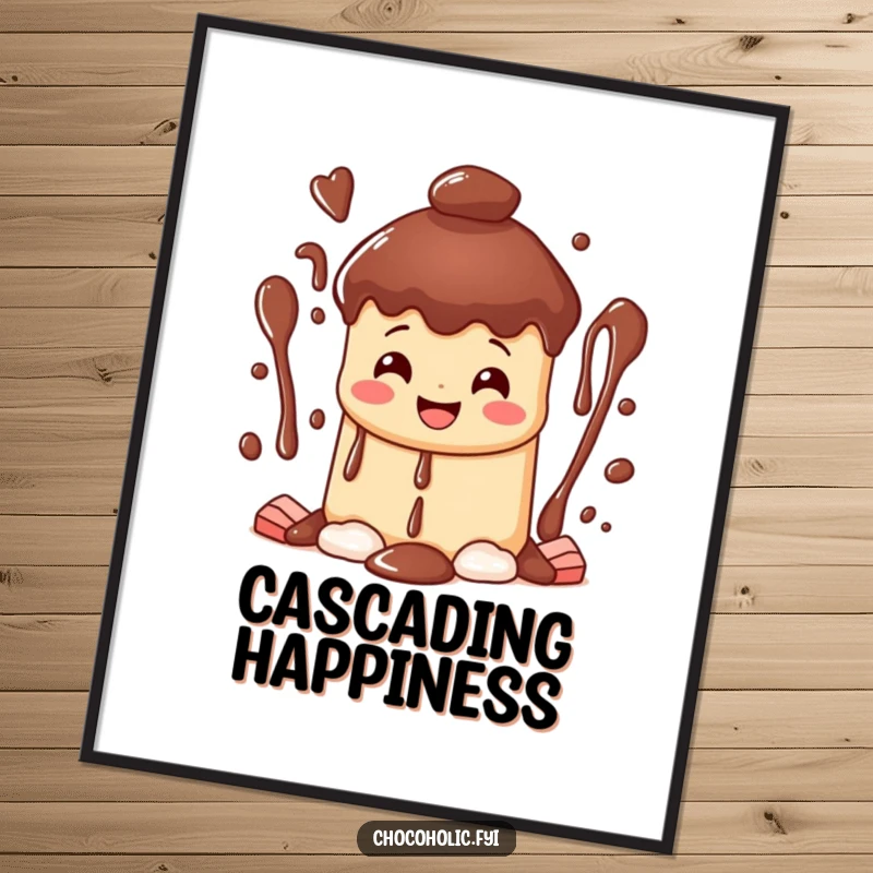 Funny happy chocolate fountain digital art print character with a wide grin, cascading streams of sweet bliss, for decorative joy.
