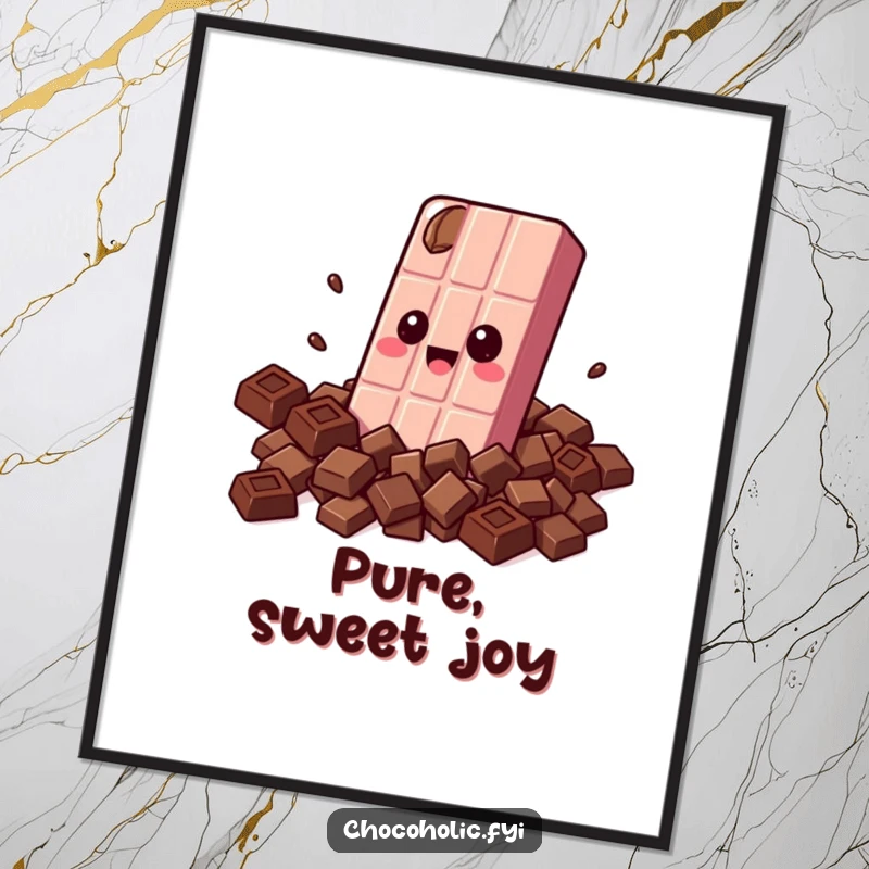 Funny digital art print of a kawaii chocolate bar character with wide, happy eyes, joyfully engulfed in a loving blanket of chocolate pieces.