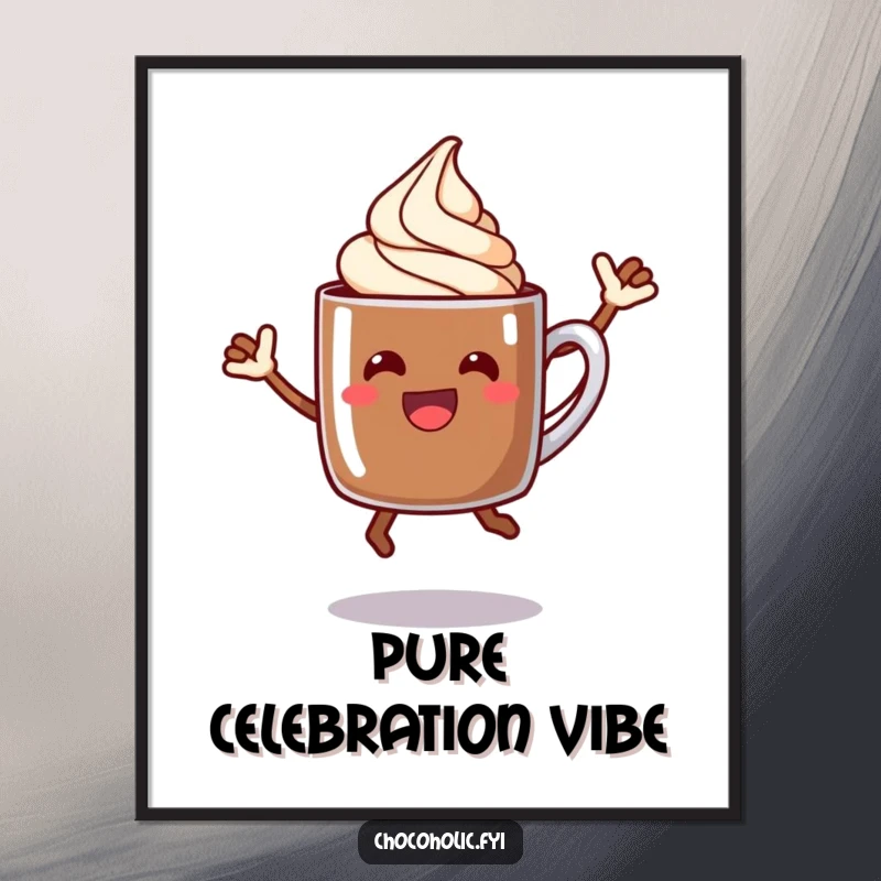 Funny chocolate mug digital art print of a jumping character, perfect for instant, festive wall decor.