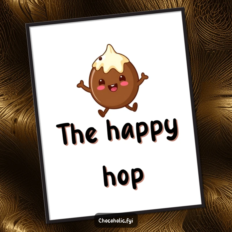 Funny chocolate truffle digital art print of a character doing a little happy hop, perfect for sweet decor.