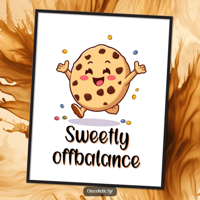 Funny chocolate chip cookie digital art print character doing cartwheels with tiny candies, offering instant cheer and playful decoration.