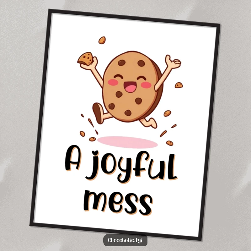 Funny digital art print of a kawaii chocolate cookie character leaping with joy and throwing crumbs, a sweet piece of happiness.
