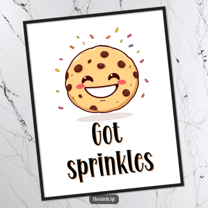 Funny Digital Art Print of a chocolate chip cookie with a wide grin juggling sprinkles, bringing instant cheer and humor to your walls. High-resolution and delightful.