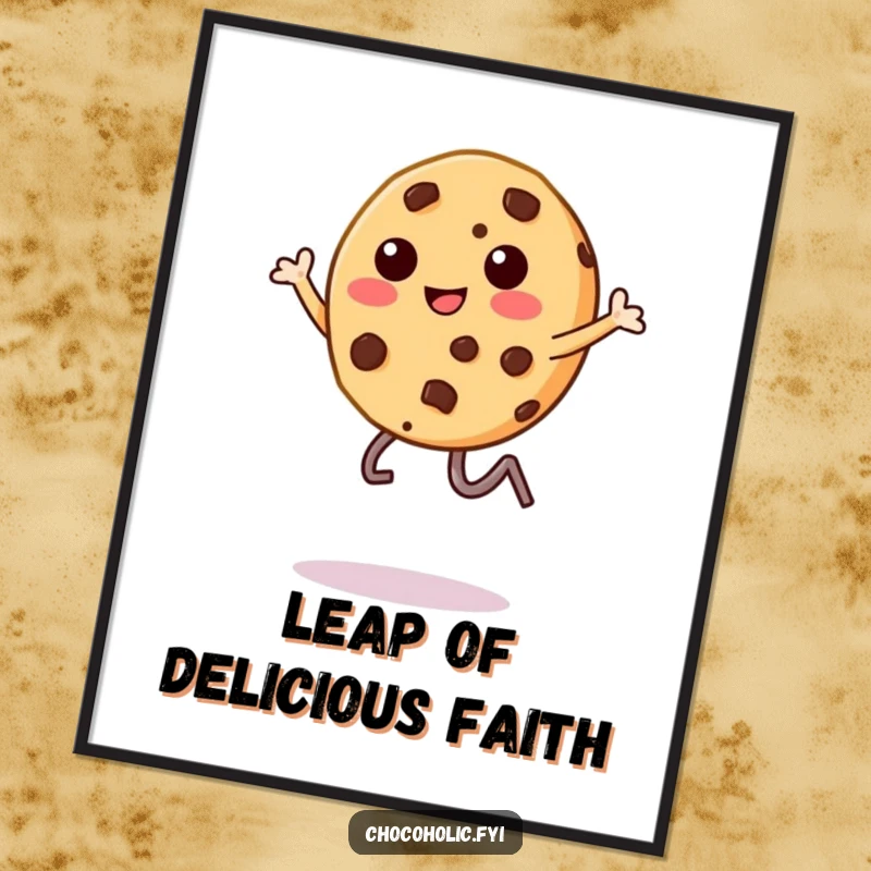 Funny chocolate chip cookie character, legs kicking high in mid-air, as a printable digital art piece, full of energy.