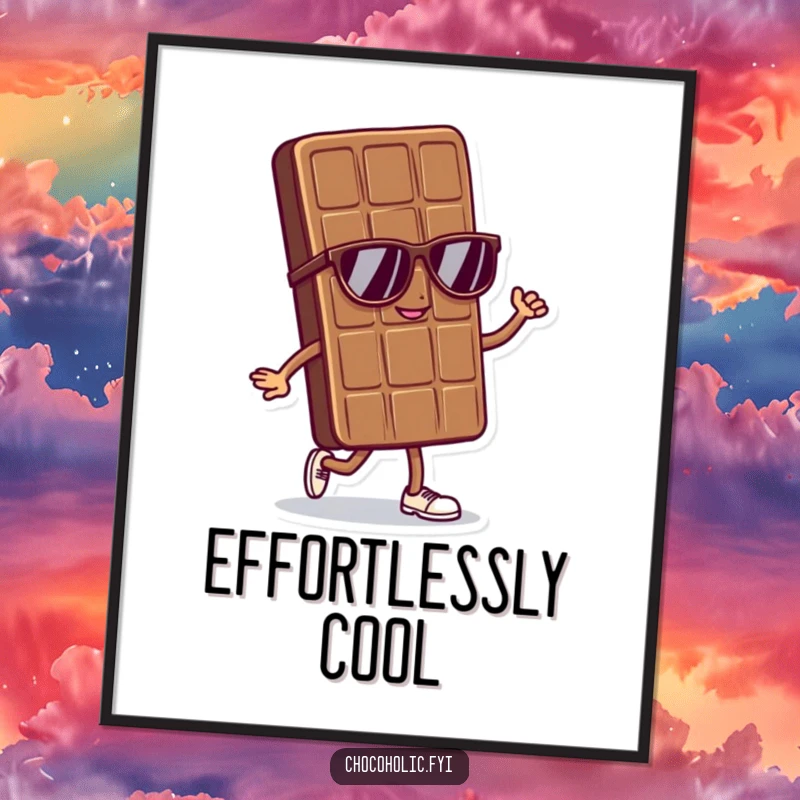 Funny digital art print of a cool chocolate bar character in sunglasses doing a confident strut, radiating effortless style.