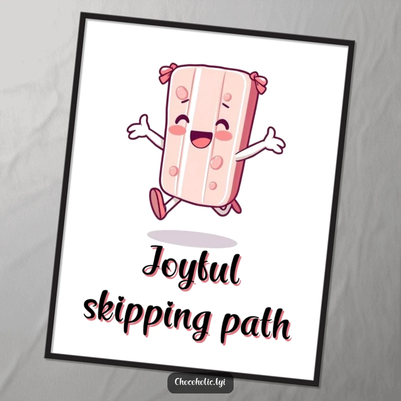 Funny kawaii candy bar character skipping joyfully with arms outstretched, as a downloadable digital art print for cheerful decor.