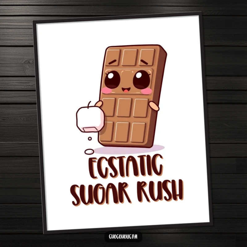 Funny Kawaii chocolate bar with ecstatic eyes, reaching for a falling marshmallow, as a downloadable digital art print.