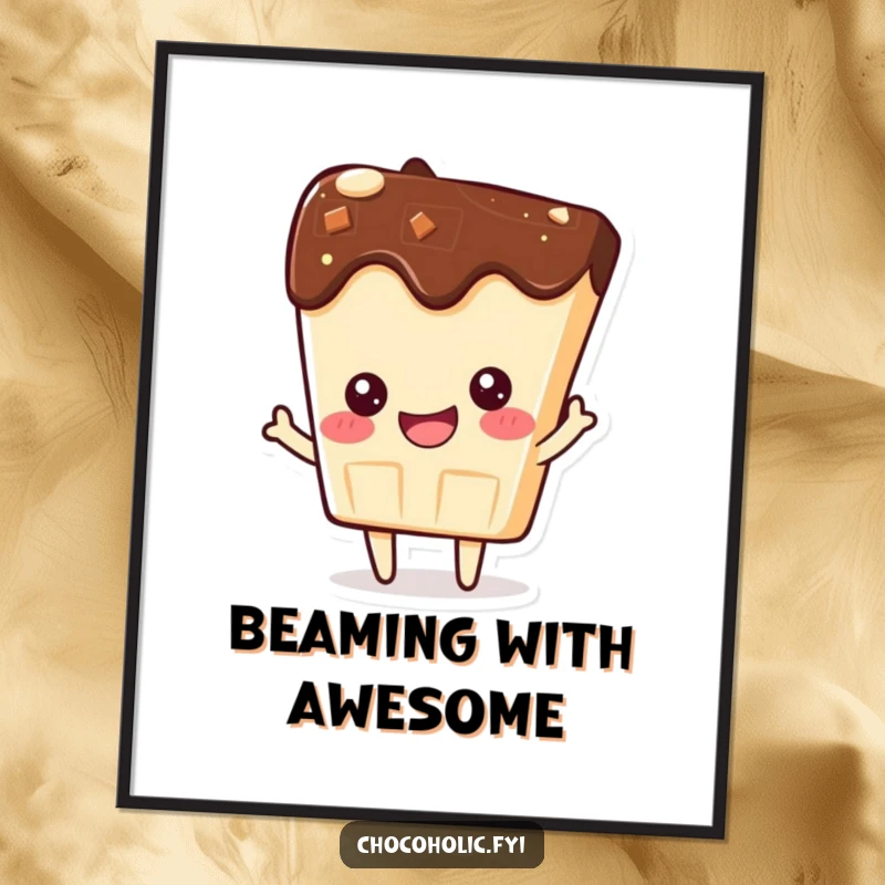 Funny digital art print of a kawaii chocolate bar character beaming with pride, symbolizing success and confidence.