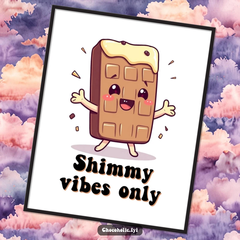 Funny digital art print of a kawaii chocolate bar character doing a silly, exaggerated shimmy, full of vibrant movement.