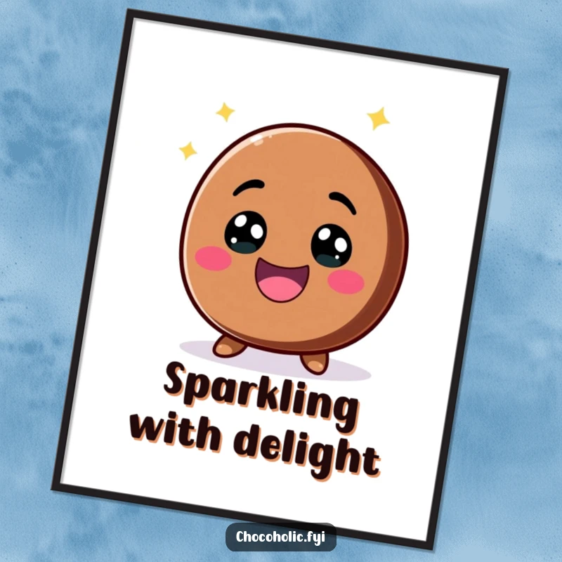 Funny kawaii chocolate chip with a big, excited smile and sparkling eyes, as a downloadable digital art print for cheerful decor.