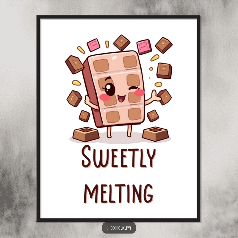 Funny Kawaii Chocolate Wink Digital Art: A cute chocolate character winking and juggling melting squares, perfect for instant sweet decor.