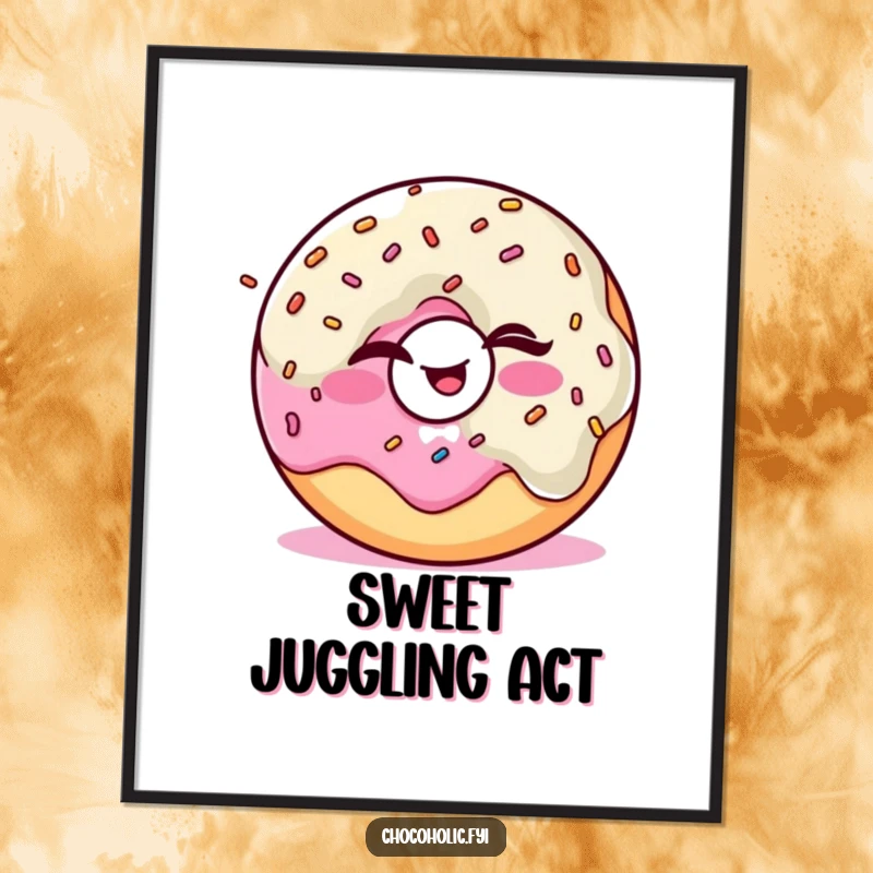 Funny Kawaii donut character winking and juggling sprinkles, available as a downloadable digital art print.