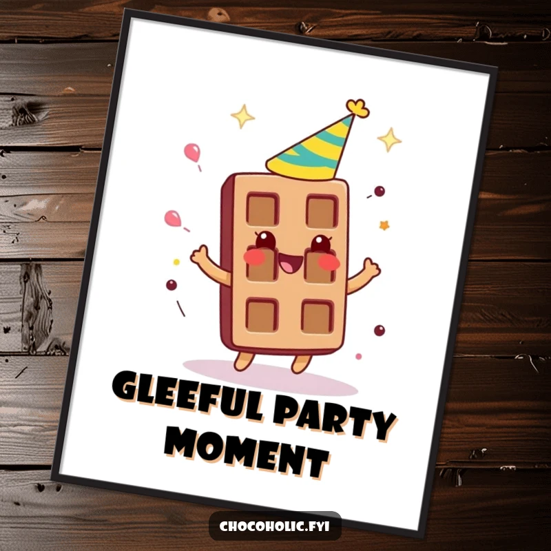 Funny chocolate bar character wearing a party hat, spinning around gleefully, a festive digital art print.
