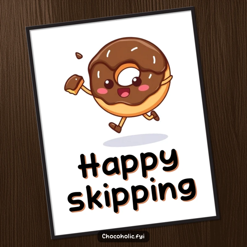Funny Digital Art: A chocolate donut happily skips with a bite taken out, creating a joyful and whimsical piece for your walls.