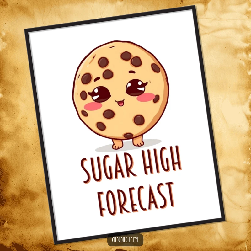 Funny digital art print of a chocolate chip cookie character with crossed eyes, depicting a peak sugar rush.