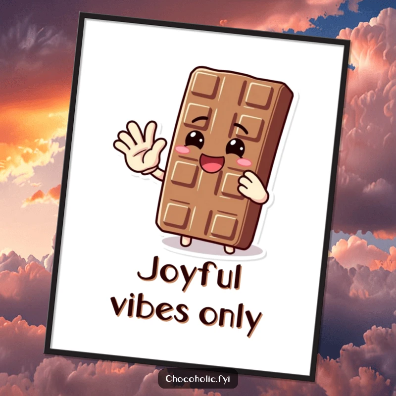 Funny digital art print of an ecstatic chocolate bar character waving hello, bringing vibrant joy and sweetness to any display.