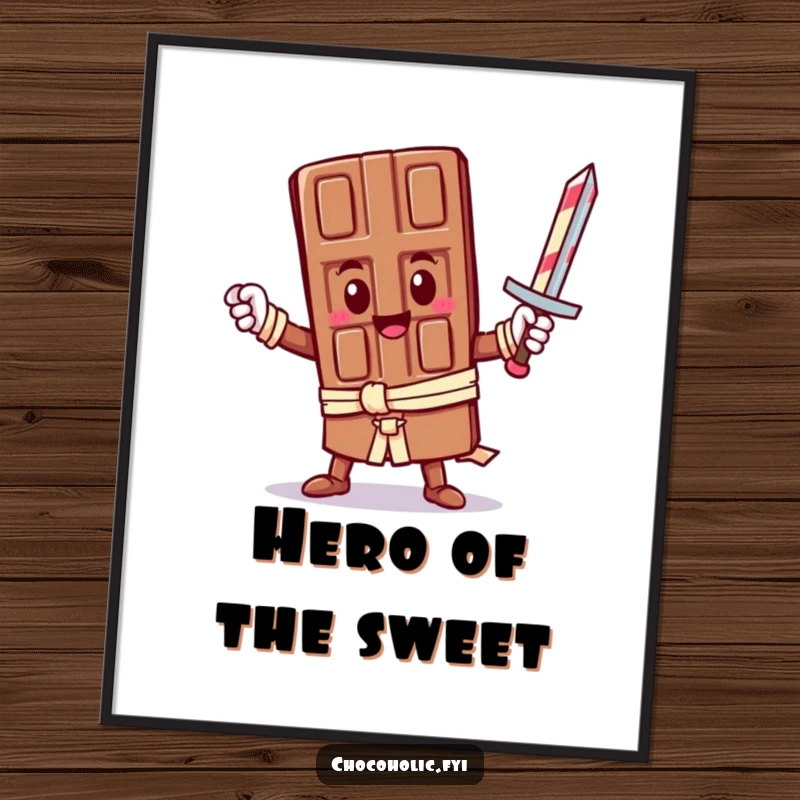 Funny Digital Art Print: A heroic kawaii chocolate bar character holds a candy cane sword. A charming and humorous illustration for instant download.