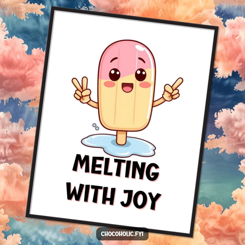 Funny Kawaii popsicle character in a victory pose with a melting puddle, as digital art.