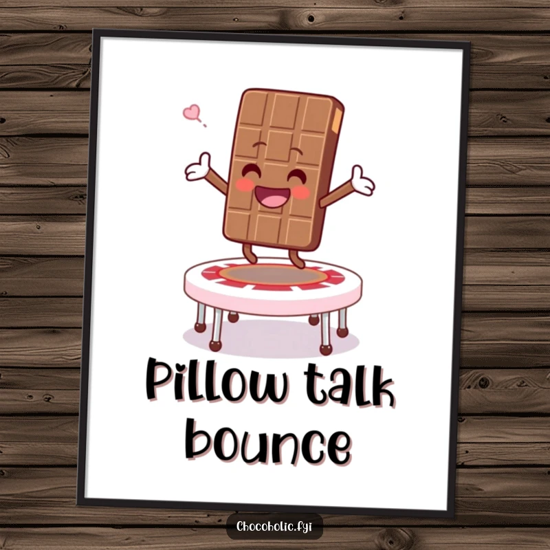 Funny digital art print of a chocolate bar character joyfully bouncing on a marshmallow trampoline, arms outstretched, symbolizing pure fun.