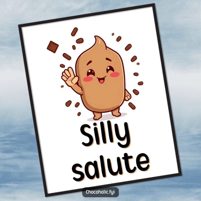 Funny cocoa powder digital art print of a character giving a silly salute, perfect for humorous decor.