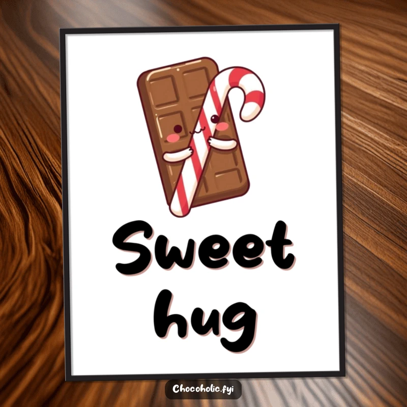 A chocolate bar with tiny arms excitedly hugging a candy cane, available as a digital art print for sweet and humorous wall decor.