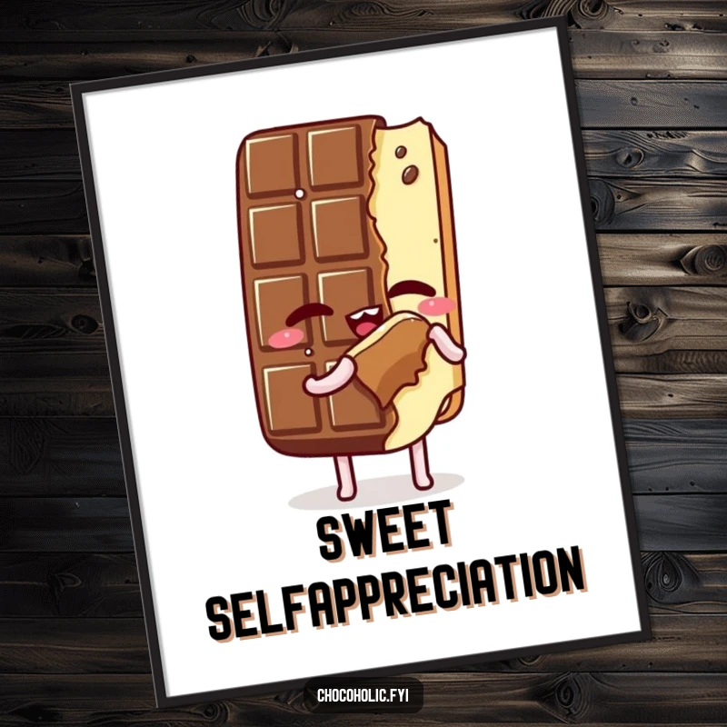 Funny Digital Art Print: Kawaii chocolate bar character savoring a bite of itself, eyes closed, radiating contentment, ideal for printable decor and sweet vibes.