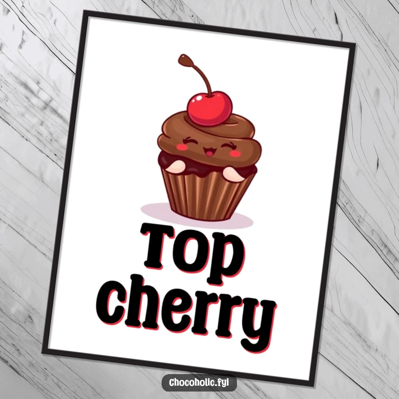 Funny Digital Art Print of a chocolate cupcake with a cherry in a playful pose, bringing instant cheer and sweetness to your walls. High-resolution and delightful.