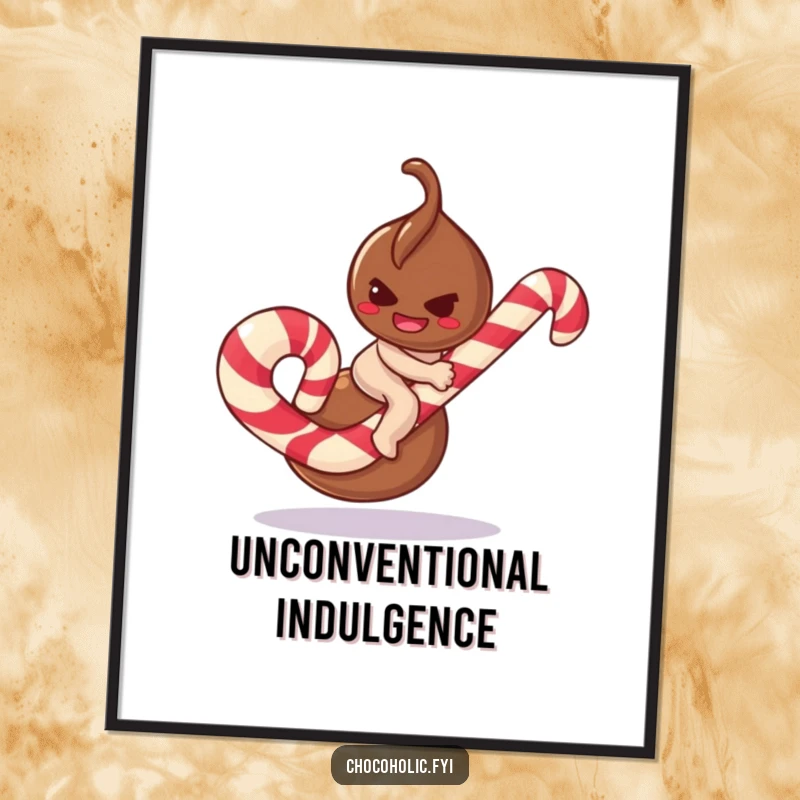 Funny chocolate truffle digital art print character with a mischievous smirk, attempting to ride a giant candy cane, playful digital art.