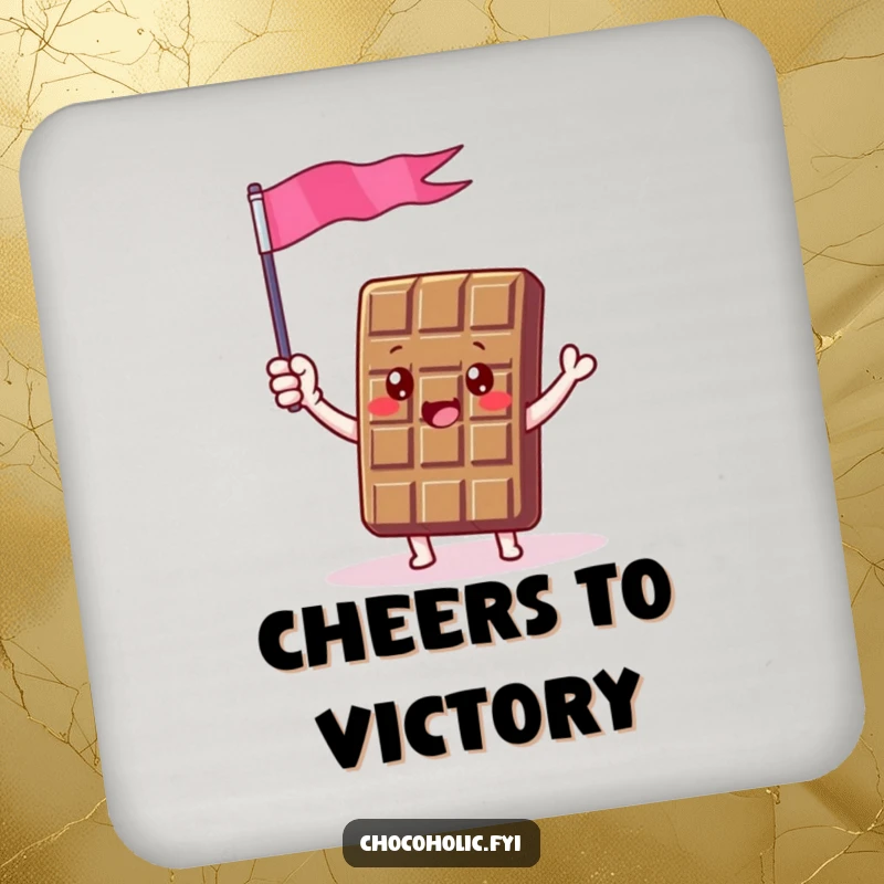 Funny drink coaster featuring a chocolate bar character enthusiastically waving a tiny chocolate foil flag, adding festive charm to surfaces.