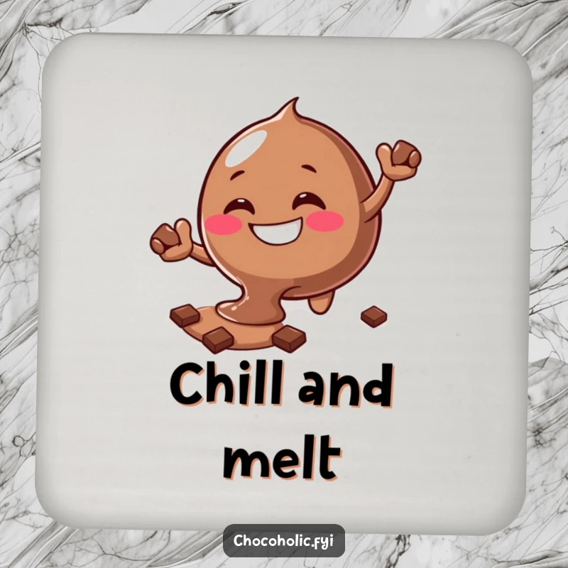 Funny melting chocolate blob drink coaster with a silly grin reaching for more chocolate, protecting surfaces.